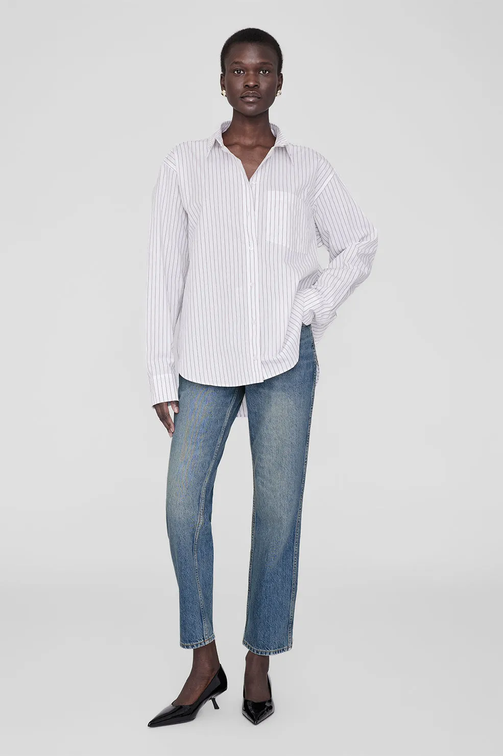 Braxton Shirt - White And Bordeaux Monogram Stripe sold by Anine Bing