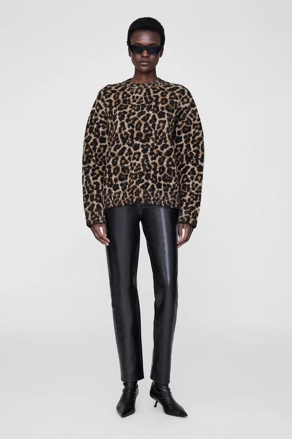Sydney Crew Sweater - Black And Brown Leopard sold by Anine Bing