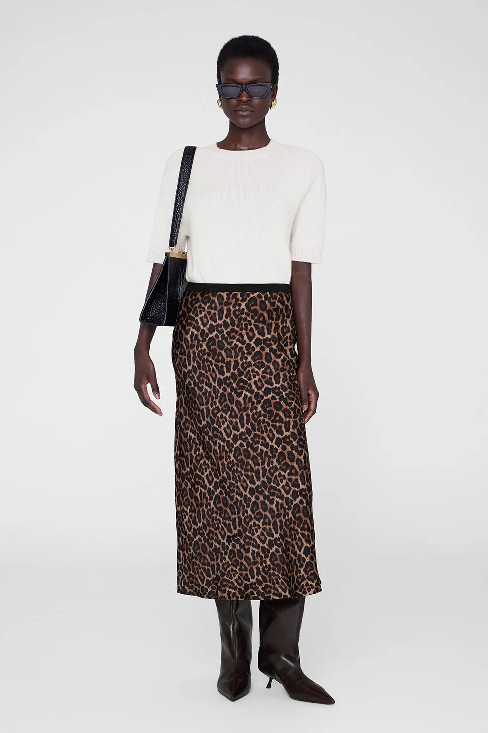 Printed Bar Silk Skirt - Black And Brown Leopard sold by Anine Bing