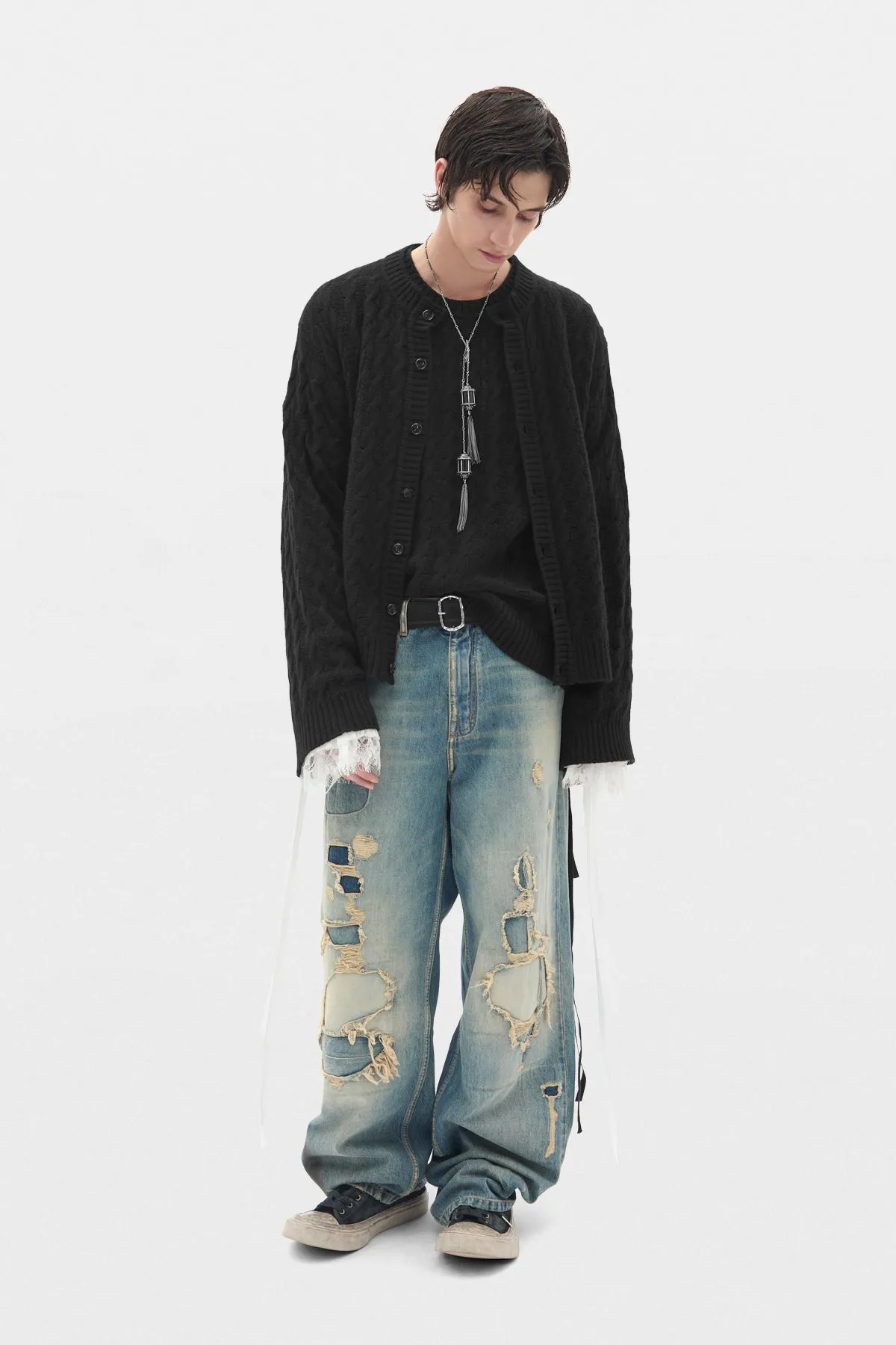Tristan Cable Knit Ladder Stich Crew Neck Sweater sold by Ann Demeulemeester product image thumbnail 4