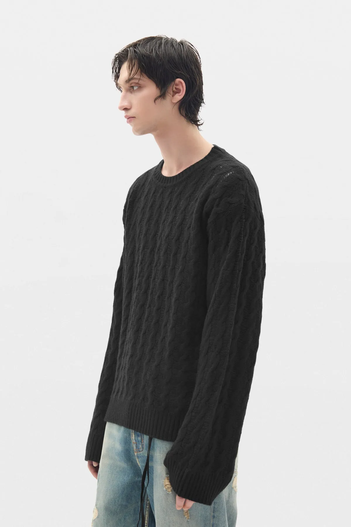 Tristan Cable Knit Ladder Stich Crew Neck Sweater sold by Ann Demeulemeester product image thumbnail 2