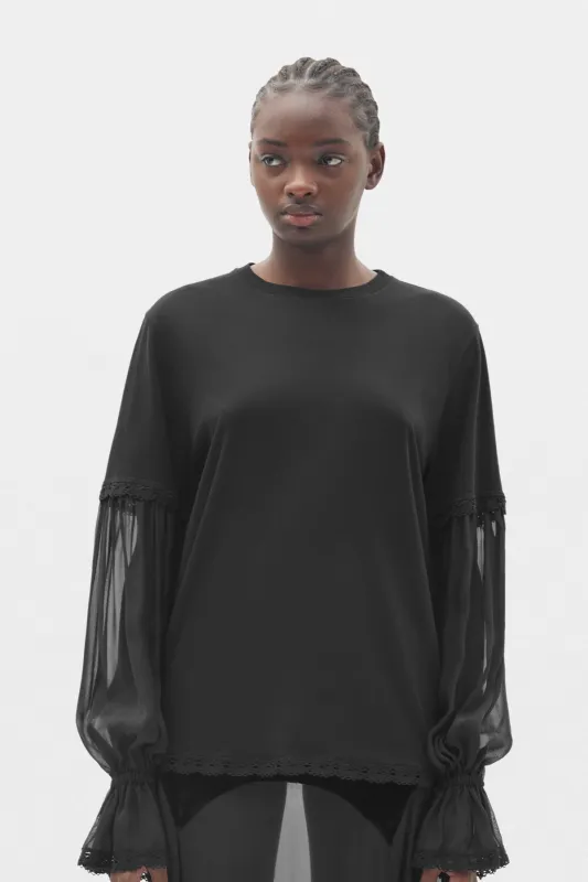 Loes Boxy Fit T-shirt With Silk Chiffon and Lace Sleeves made by Ann Demeulemeester