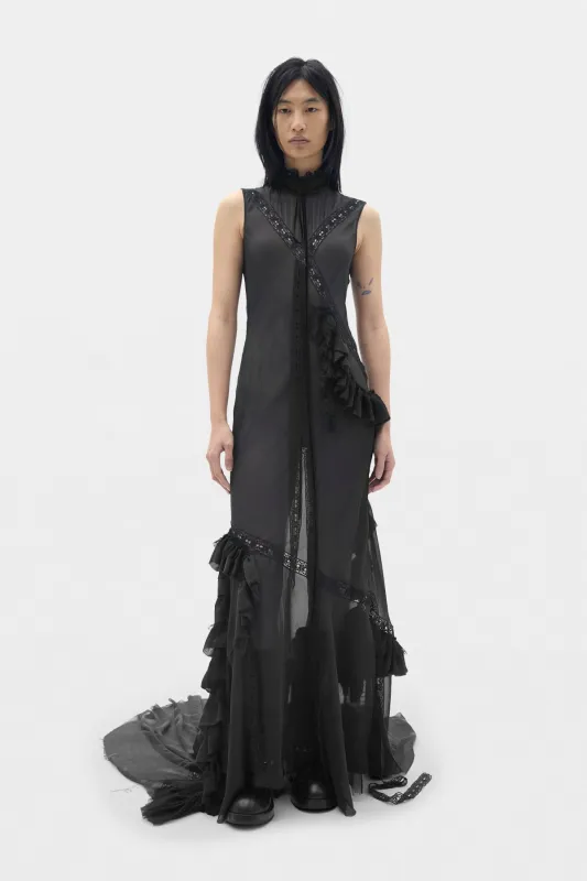 Monia X-Long High Neck Bias Dress With Lace Inalys and Ruffles made by Ann Demeulemeester