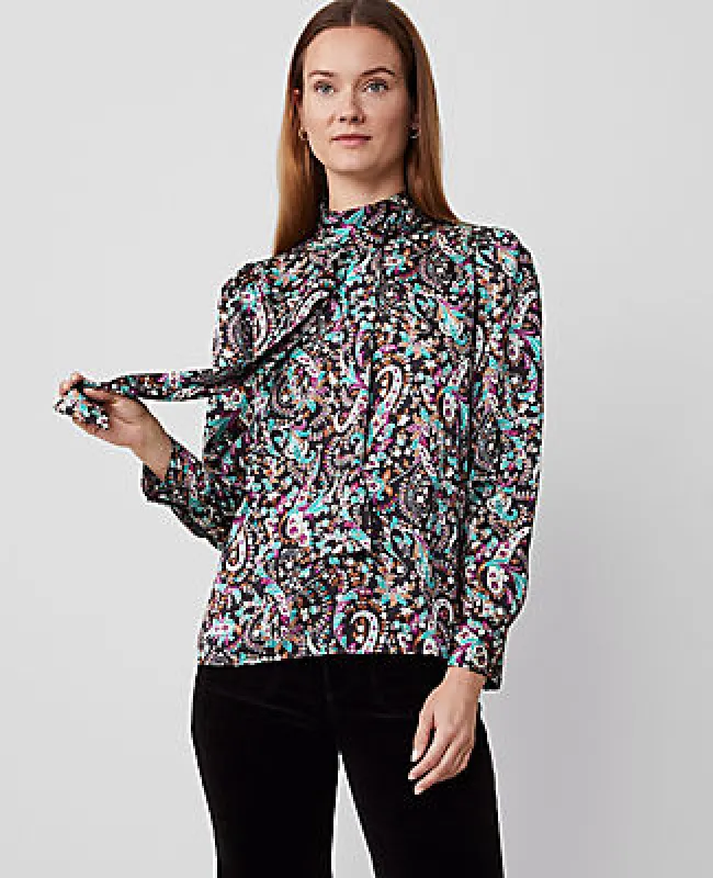 Ann Taylor Petite Paisley Mock Tie Neck Puff Sleeve Top sold by Ann Taylor