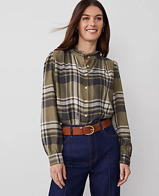 Ann Taylor Petite Weekend Collection Plaid Ruffle Neck Flannel Shirt sold by Ann Taylor