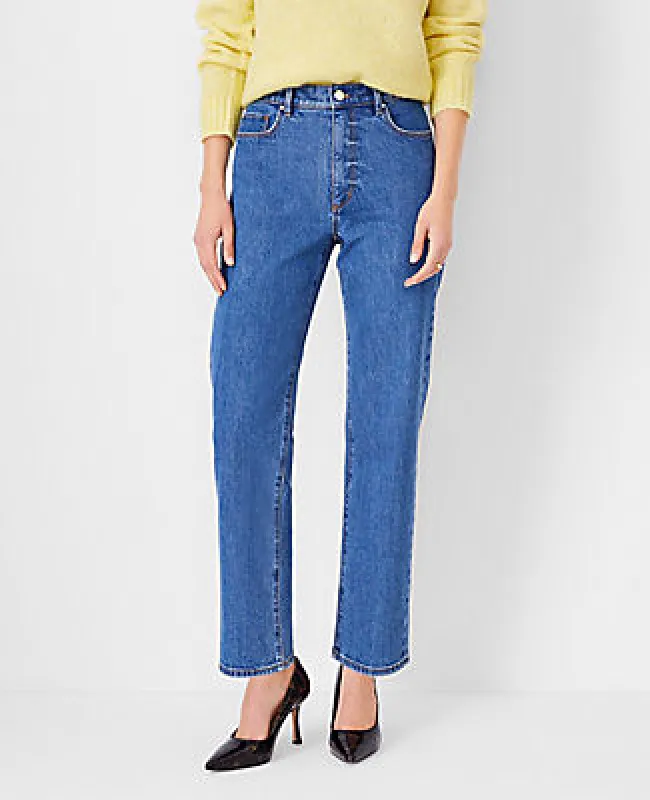 Ann Taylor High Rise Straight Jeans in Vintage Mid Indigo Wash - Curvy Fit sold by Ann Taylor