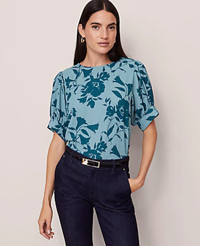 Ann Taylor Floral Mixed Media Gathered Sleeve Top sold by Ann Taylor