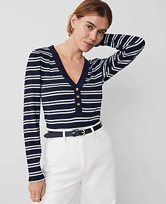 Ann Taylor Petite Weekend Collection Striped Puff Sleeve Henley Top sold by Ann Taylor