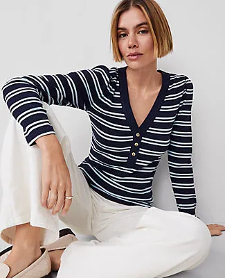Ann Taylor Petite Weekend Collection Striped Puff Sleeve Henley Top sold by Ann Taylor product image thumbnail 3
