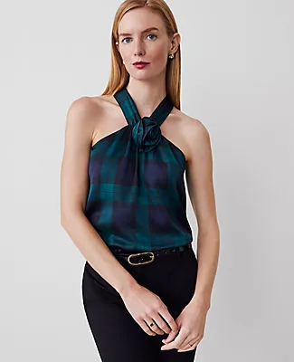 Ann Taylor Petite Tartan Rosette Drape-Neck Halter Top sold by Ann Taylor