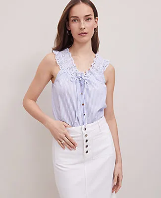 Ann Taylor Weekend Collection Striped Eyelet Tie Neck Top sold by Ann Taylor product image thumbnail 3