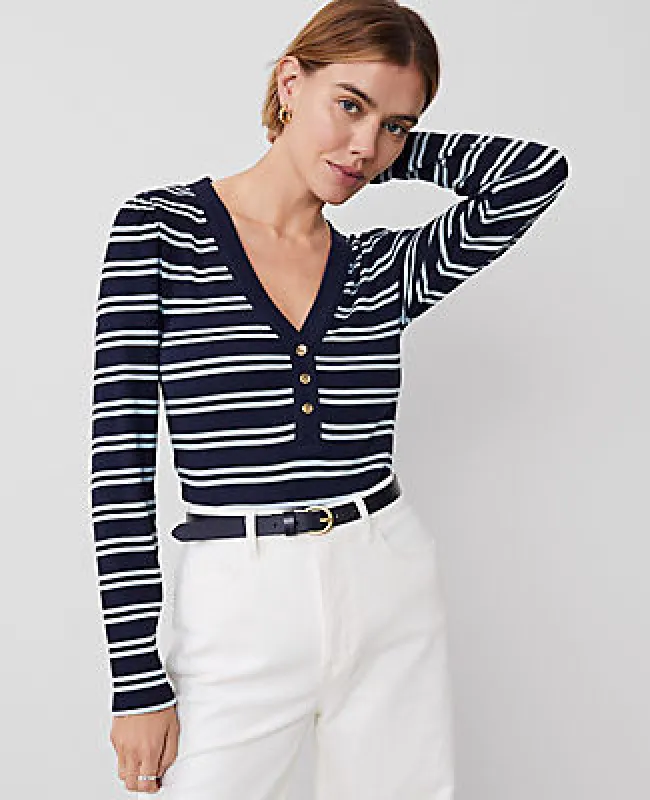 Ann Taylor Petite Weekend Collection Striped Puff Sleeve Henley Top made by Ann Taylor