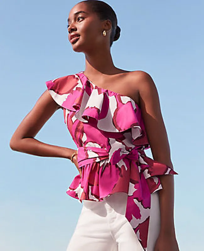 Ann Taylor Petite Floral One-Shoulder Tie Waist Blouse sold by Ann Taylor