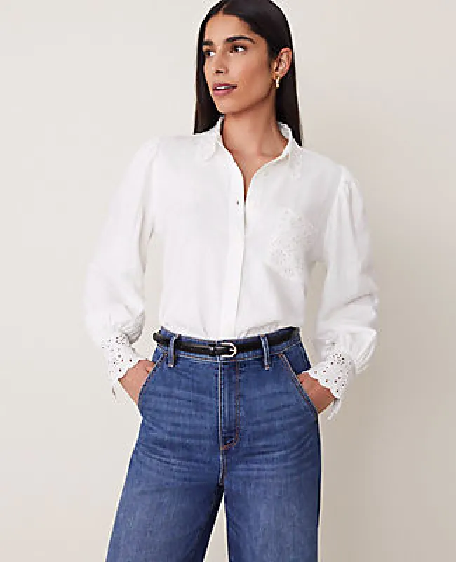 Ann Taylor Embroidered Linen Blend Pocket Shirt sold by Ann Taylor