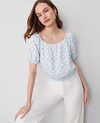 Ann Taylor Tiled Linen Blend Bubble Hem Blouse sold by Ann Taylor
