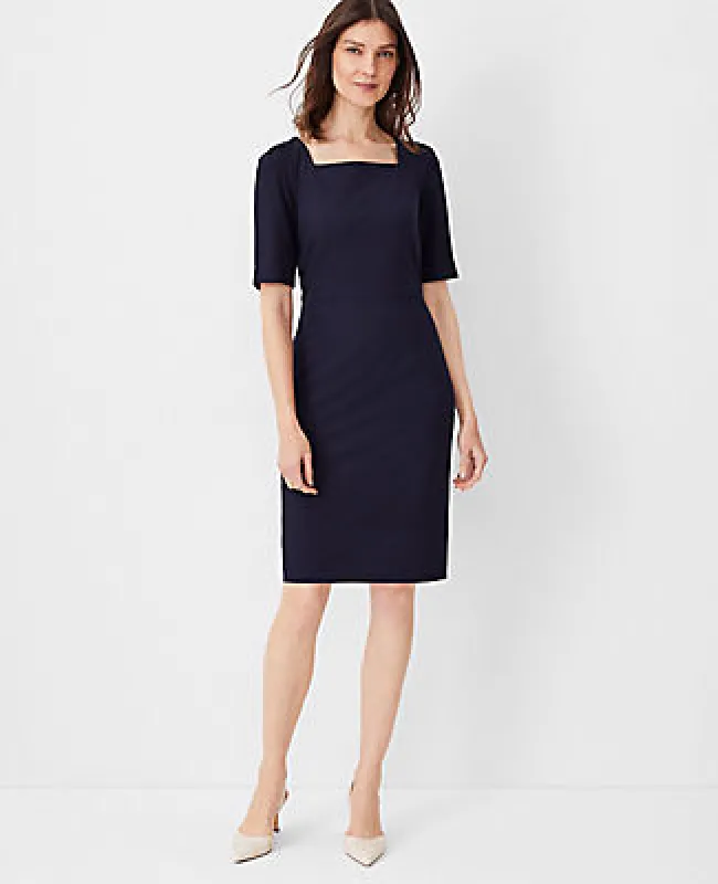 Ann Taylor The Petite Elbow Sleeve Square Neck Dress in Seasonless Stretch - Curvy Fit sold by Ann Taylor