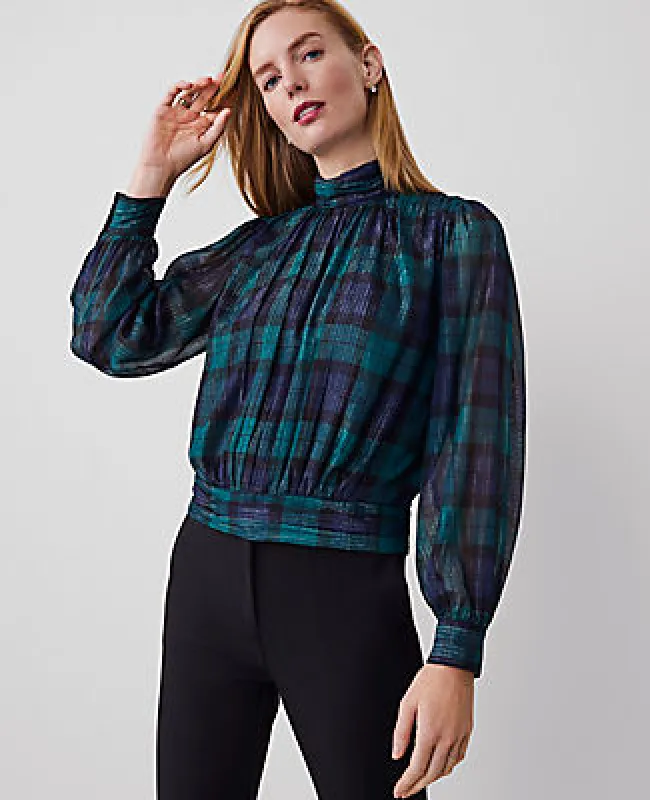 Ann Taylor Petite Tartan Shirred Mock Neck Popover Top sold by Ann Taylor
