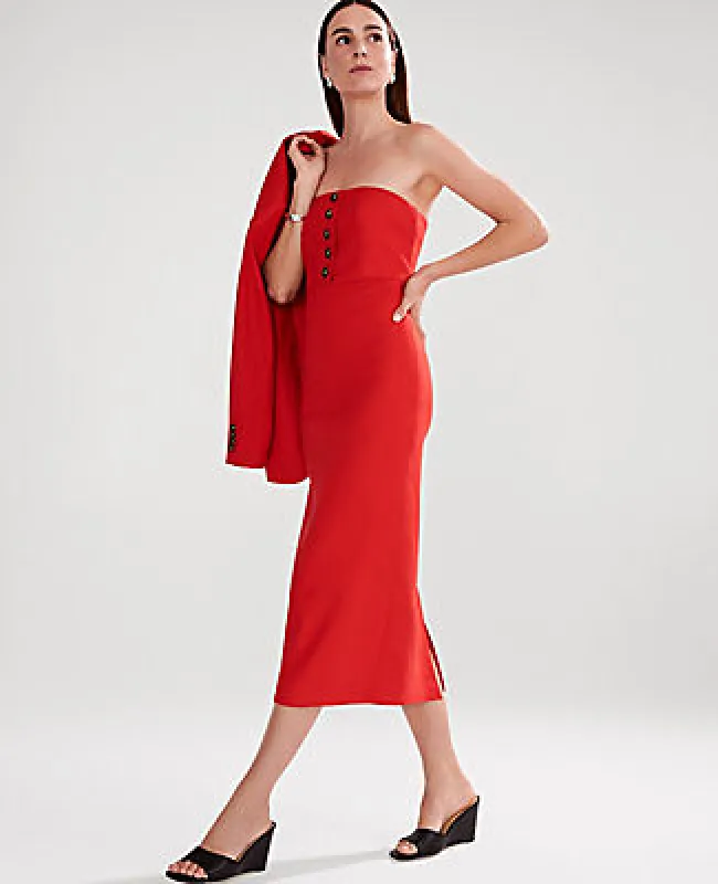 Ann Taylor The Petite Buttoned Strapless Dress in Linen Blend sold by Ann Taylor