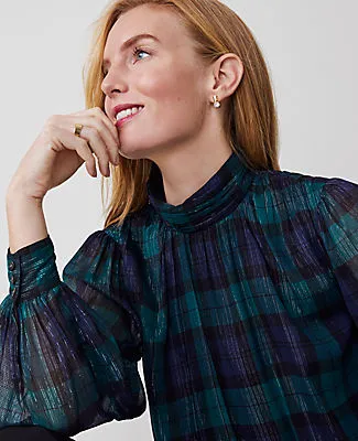 Ann Taylor Petite Tartan Shirred Mock Neck Popover Top sold by Ann Taylor product image thumbnail 3