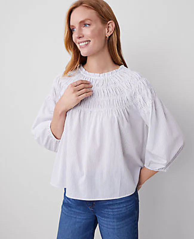Ann Taylor Striped Smocked Shoulder Top sold by Ann Taylor