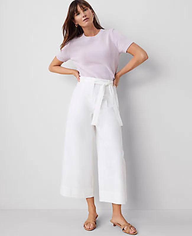 Ann Taylor The Petite Belted Cropped Palazzo Pant in Poplin sold by Ann Taylor