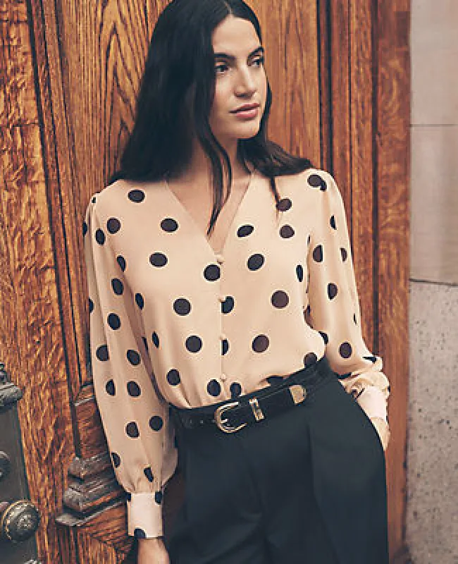 Ann Taylor Petite Dotted V-Neck Popover Top sold by Ann Taylor