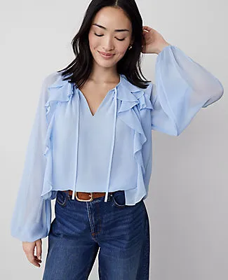 Ann Taylor Petite Ruffle Tie-Neck Popover Top sold by Ann Taylor
