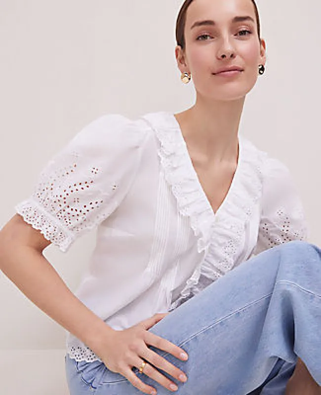 Ann Taylor Weekend Collection Embroidered Ruffle Top sold by Ann Taylor