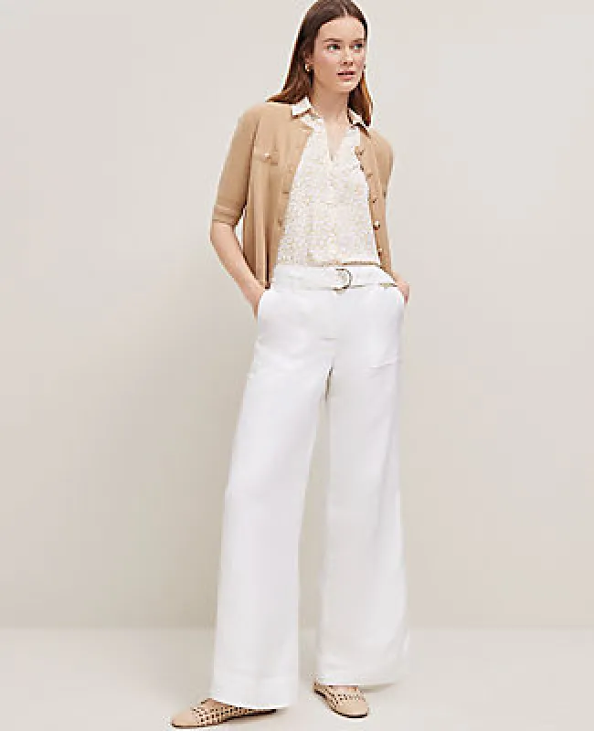 Ann Taylor The Petite Belted Wide-Leg Pant in Linen Blend sold by Ann Taylor