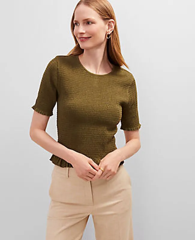 Ann Taylor Smocked Ruffle Trimmed Top sold by Ann Taylor