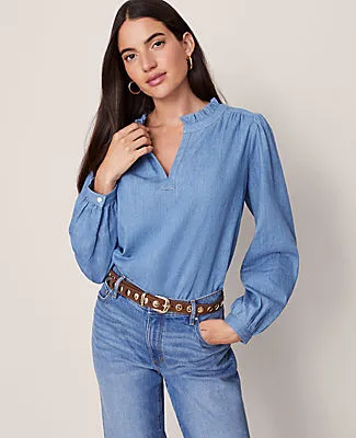 Ann Taylor Weekend Collection Chambray Ruffle Collar Popover Top sold by Ann Taylor product image thumbnail 2