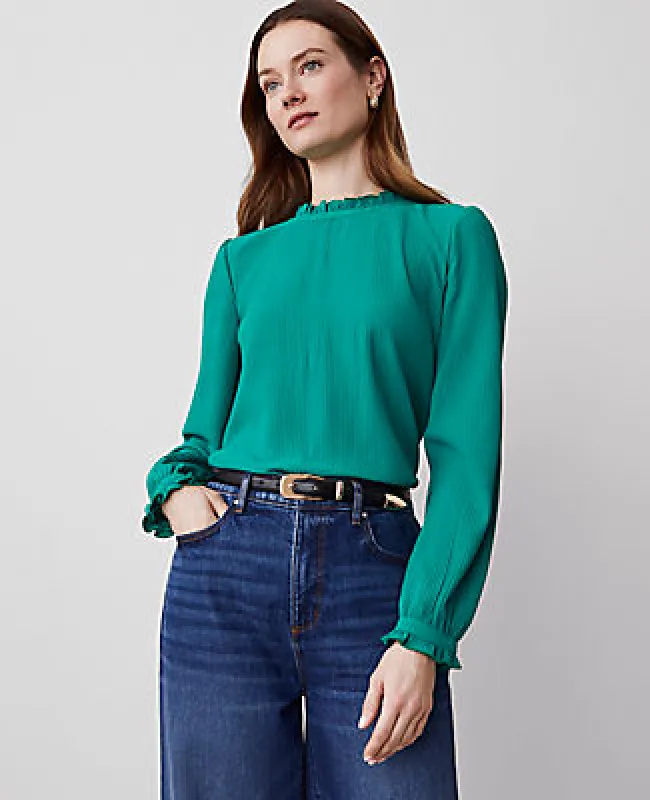 Ann Taylor Petite Ruffle Blouson Sleeve Popover Top sold by Ann Taylor
