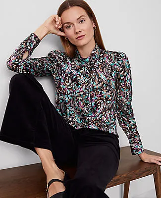 Ann Taylor Petite Paisley Mock Tie Neck Puff Sleeve Top sold by Ann Taylor product image thumbnail 3