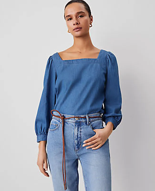 Ann Taylor Chambray Puff Sleeve Blouse sold by Ann Taylor