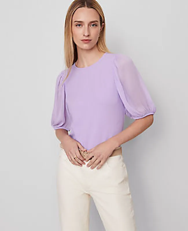 Ann Taylor Petite Mixed Media Pleated Sleeve Top sold by Ann Taylor