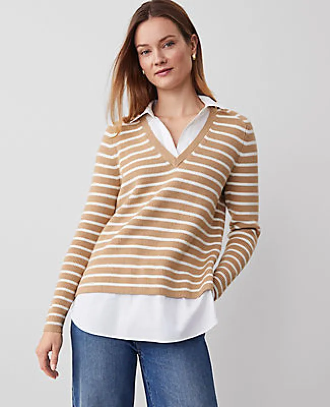 Ann Taylor Striped Layered Mixed-Media Sweater sold by Ann Taylor