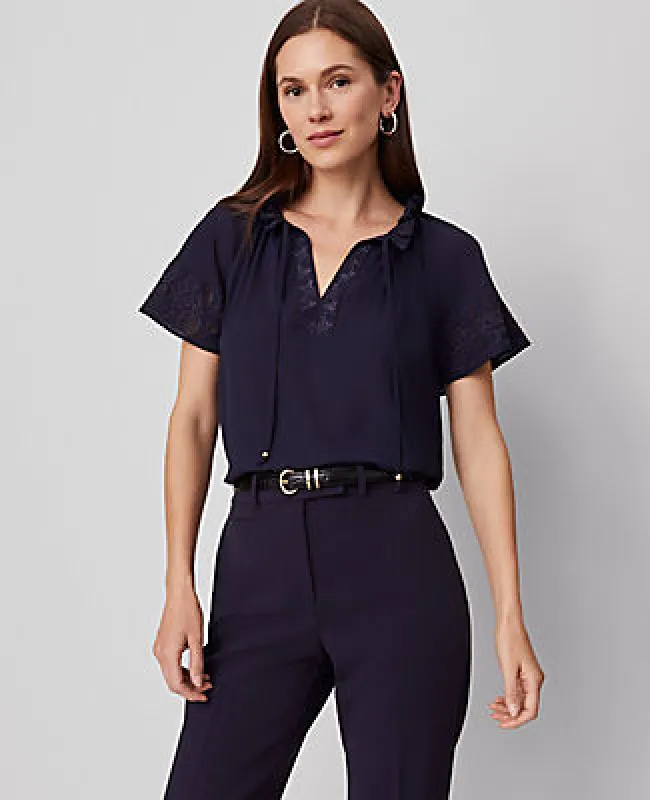 Ann Taylor Tie Neck Ruffle Popover Top made by Ann Taylor