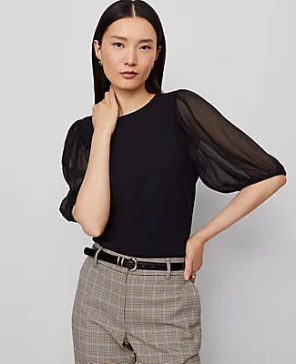 Ann Taylor Mixed Media Pleated Sleeve Top sold by Ann Taylor