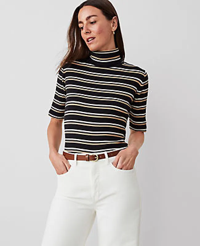 Ann Taylor Weekend Collection Stripe Ribbed Turtleneck Elbow Sleeve Top made by Ann Taylor