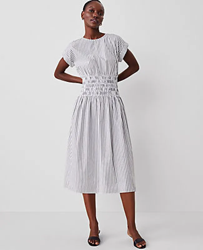 Ann Taylor Striped Smocked-Waist Midi Flare Dress sold by Ann Taylor