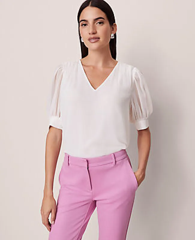Ann Taylor Petite Puff Sleeve V-Neck Popover Top sold by Ann Taylor
