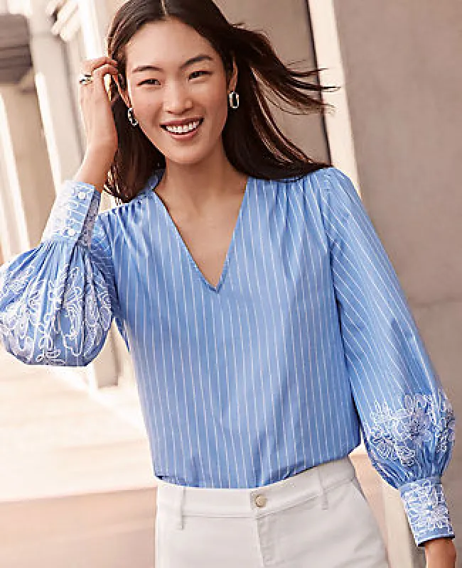 Ann Taylor Striped Embroidered V-Neck Popover Top sold by Ann Taylor