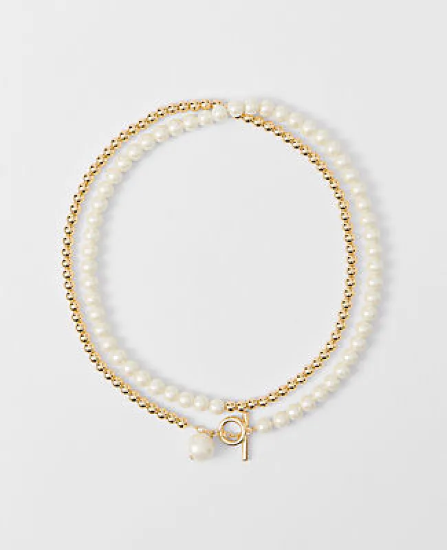 Ann Taylor Double Wrap Metal and Pearl Necklace sold by Ann Taylor