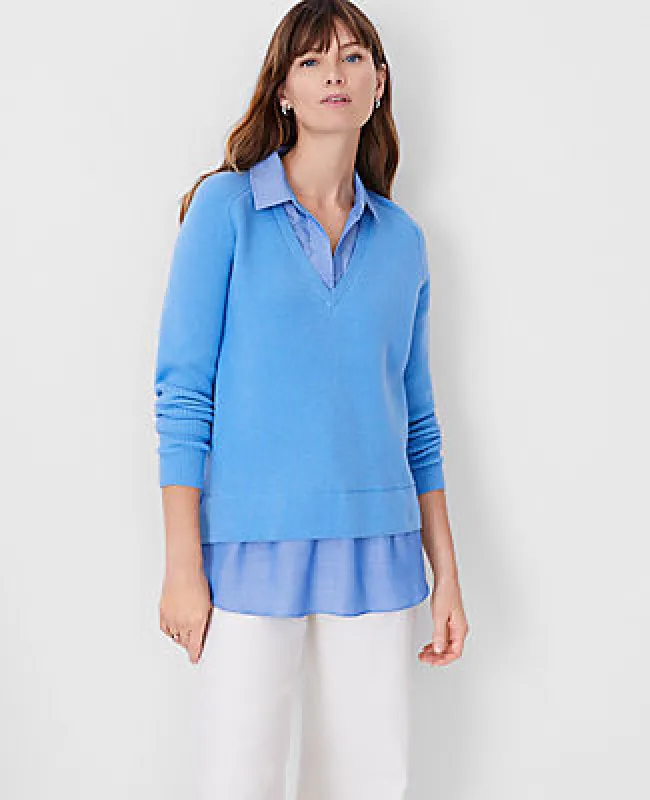 Ann Taylor Chambray Layered Mixed Media Sweater sold by Ann Taylor