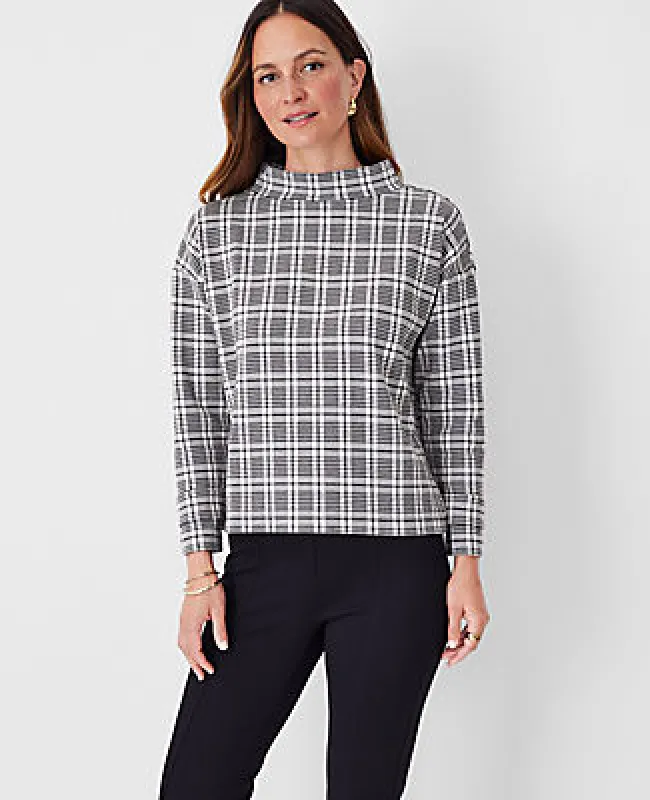 Ann Taylor Plaid Button Tab Mock Neck Top sold by Ann Taylor