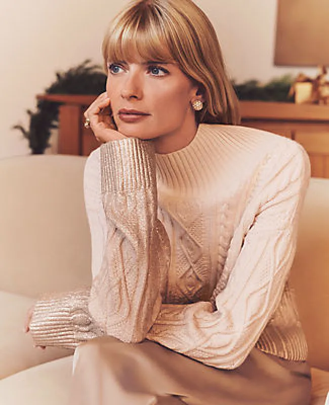 Ann Taylor Petite Foil Cable Mock Neck Sweater sold by Ann Taylor