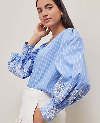 Ann Taylor Striped Embroidered V-Neck Popover Top sold by Ann Taylor product image thumbnail 2
