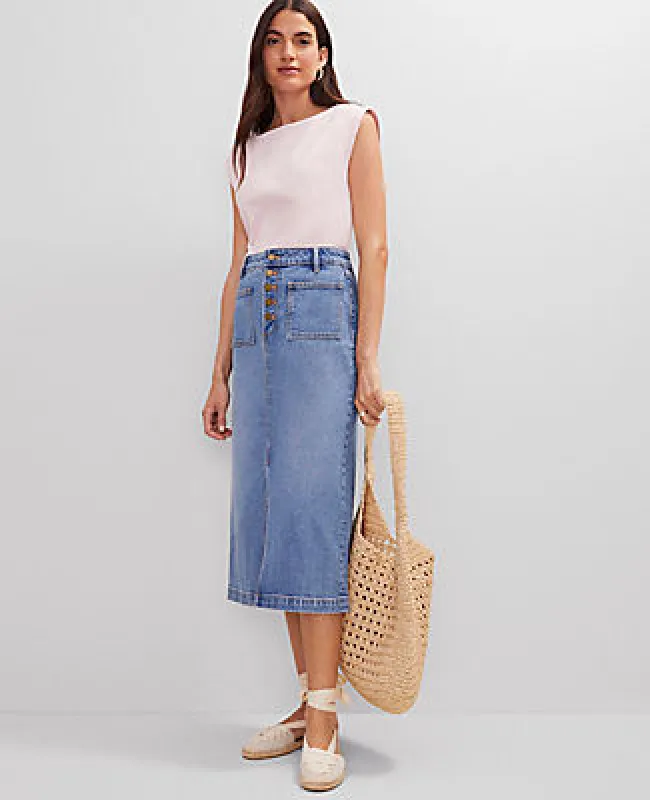 Ann Taylor Weekend Collection Patch Pocket Denim Midi Skirt sold by Ann Taylor