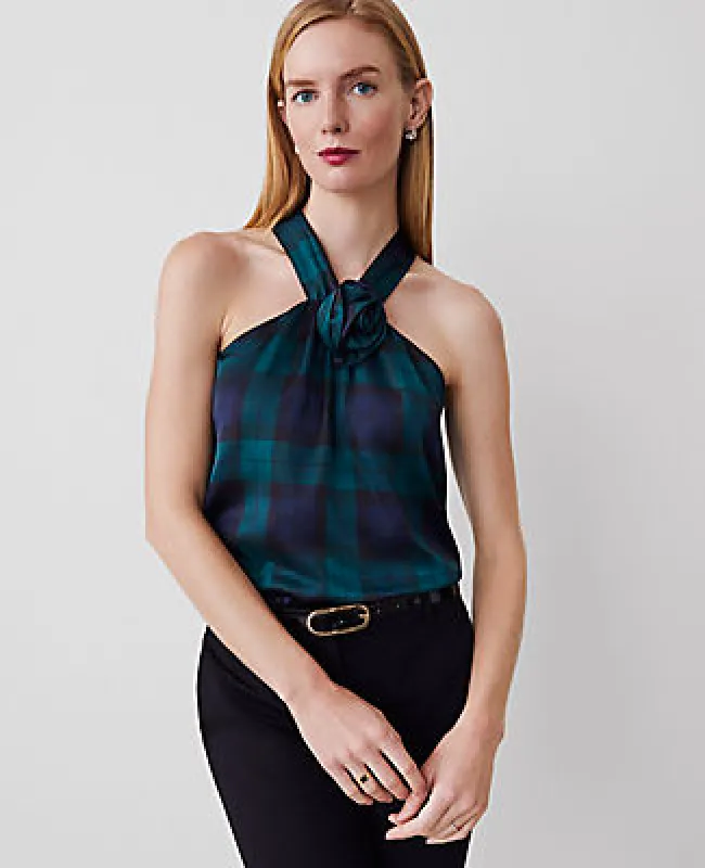 Ann Taylor Tartan Rosette Drape-Neck Halter Top sold by Ann Taylor