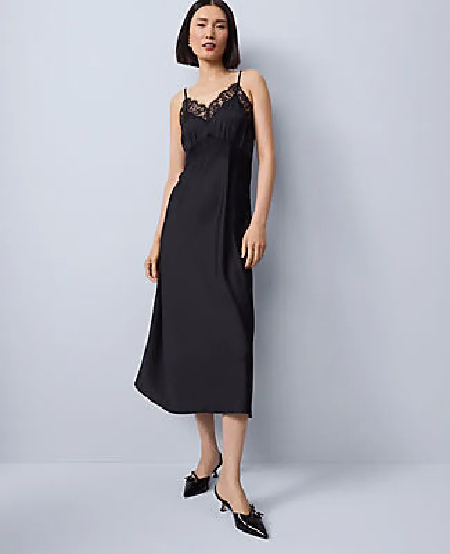 Ann Taylor Lace Trim Satin Slip Midi Dress sold by Ann Taylor